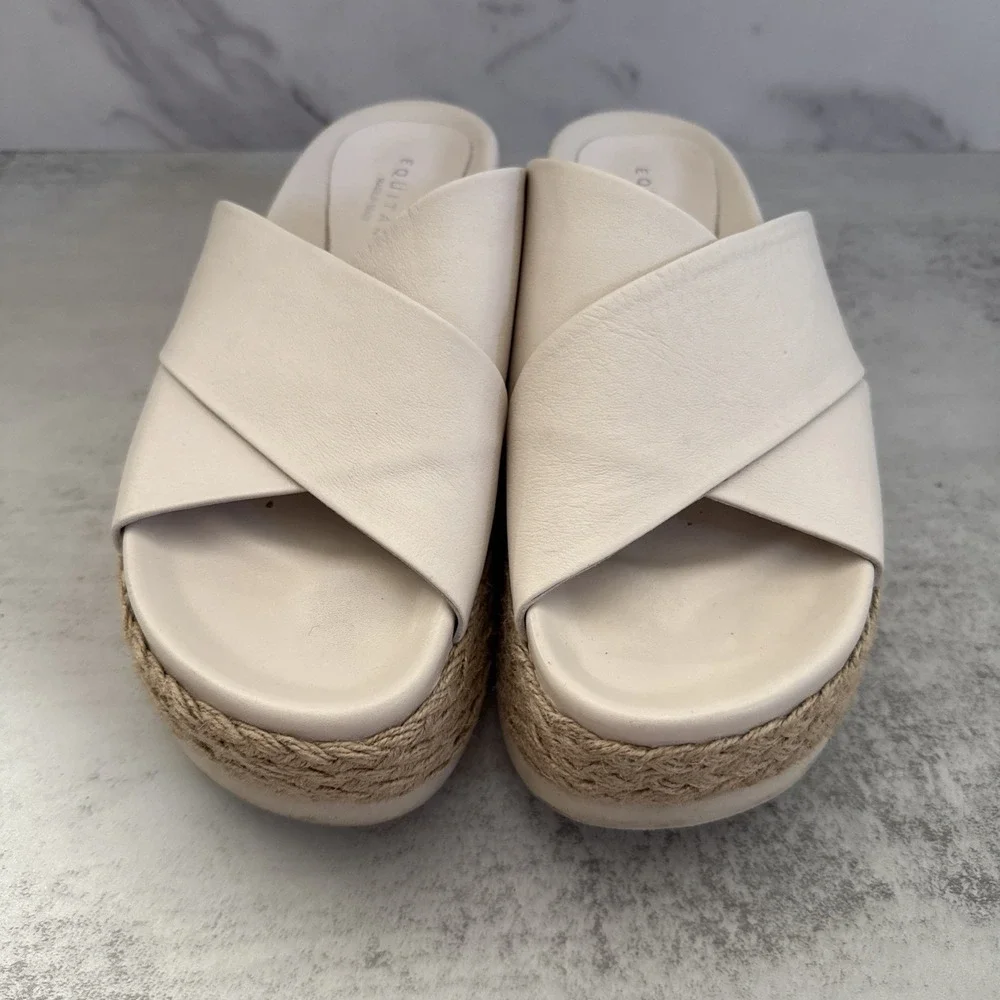 Equitare Platform Sandals Womens 8.5 Beige Espadrille Wedge Slides Spain